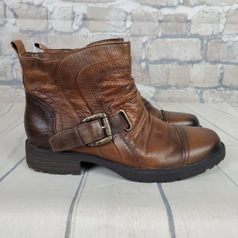 Earth Jericho Leather Moto Biker Ankle Boots Chesnut Brown Ombre Size 10 - Picture 1 of 14
